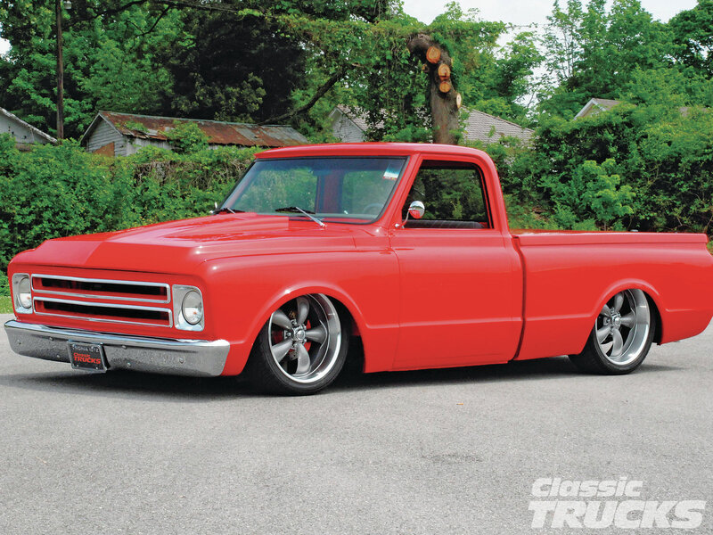 Red Classic Pickup Truck — Calm, Afternoon, Photograph, Trees, Hedge