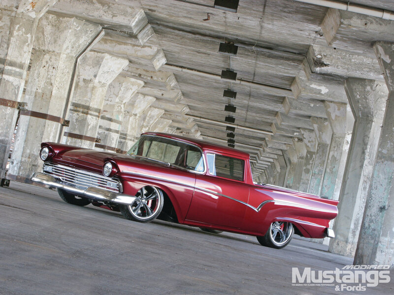 Red Classic Pickup Truck — Dramatic, Photograph, Concrete Structure