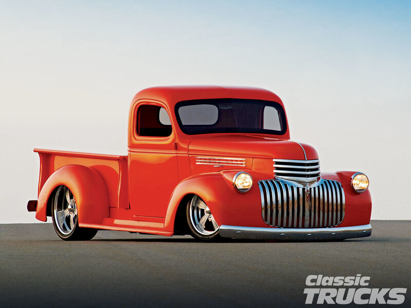 Red Classic Pickup Truck — Dramatic, Sunset, Photograph, Grille