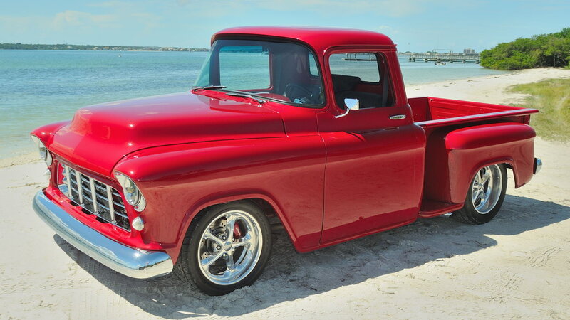 Red Classic Pickup Truck — Serene, Afternoon, Photograph, Beach