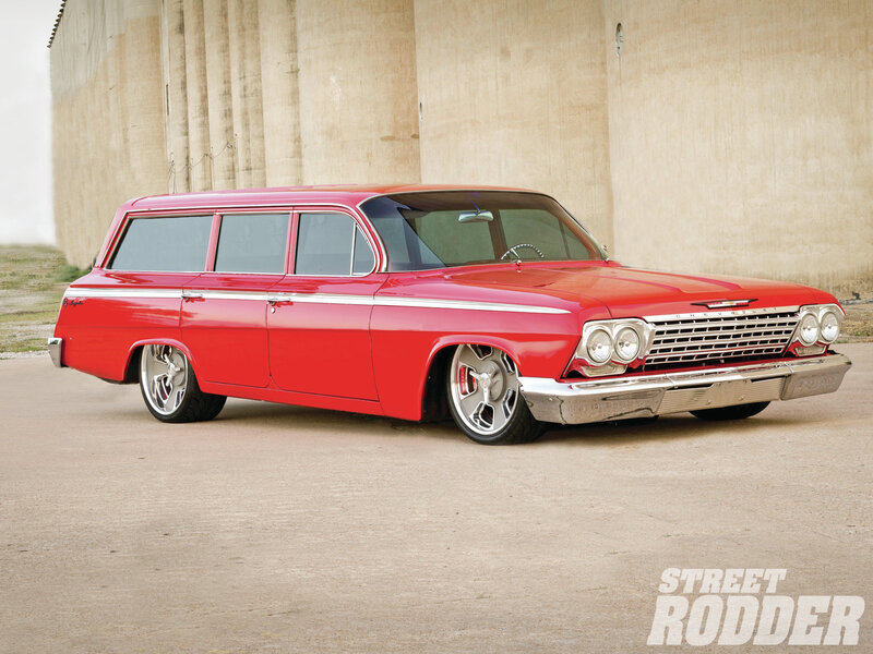Red Classic Station Wagon — Calm, Afternoon, Photograph, Concrete Wall