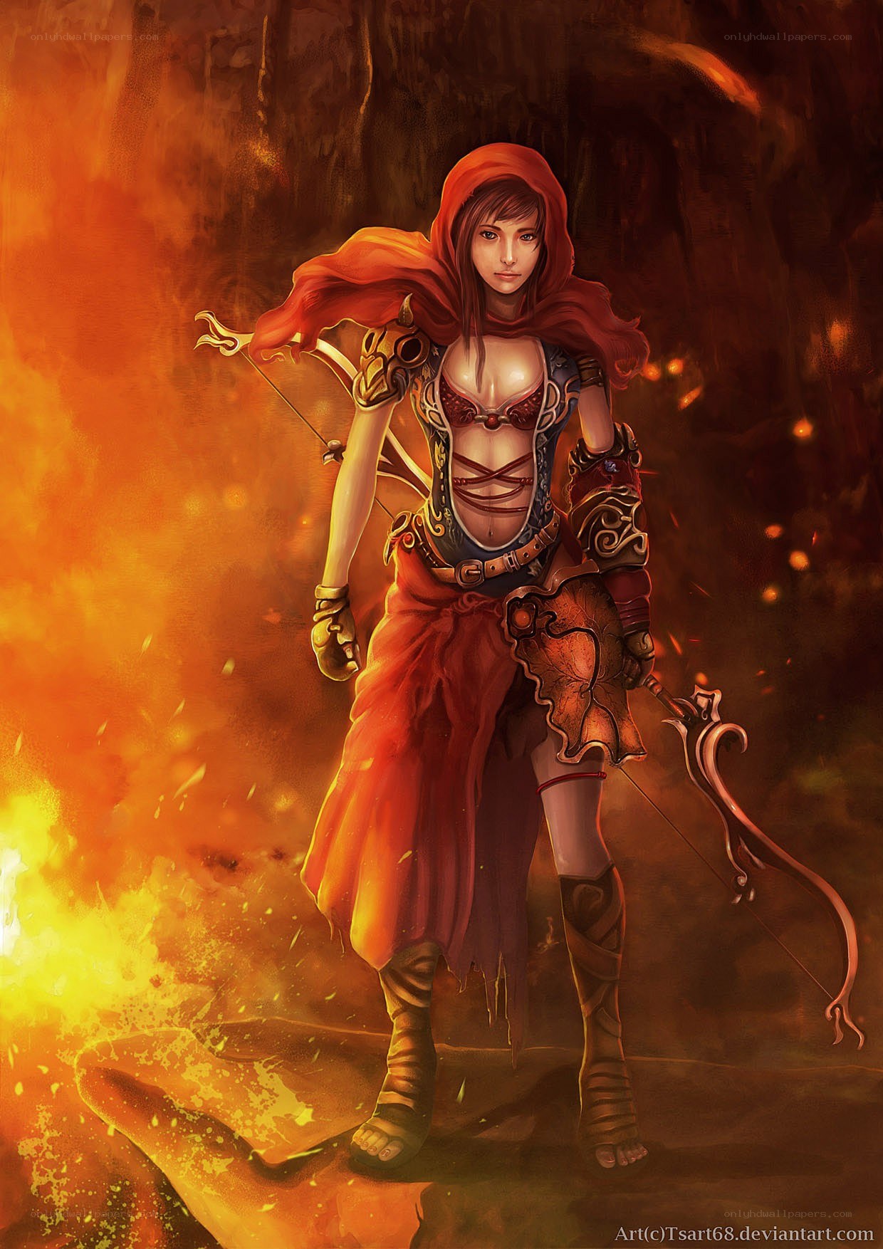 Red-cloaked archer in fire