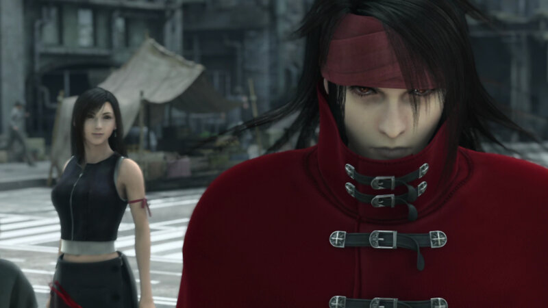 Red-cloaked character in urban setting