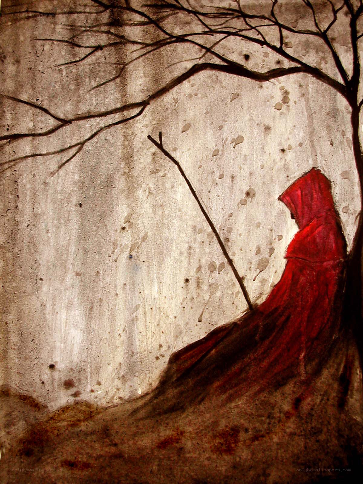 Red Cloaked Figure in a Tree