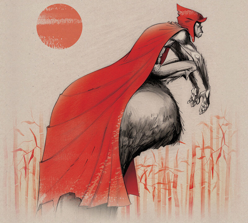 Red-cloaked figure in bamboo forest