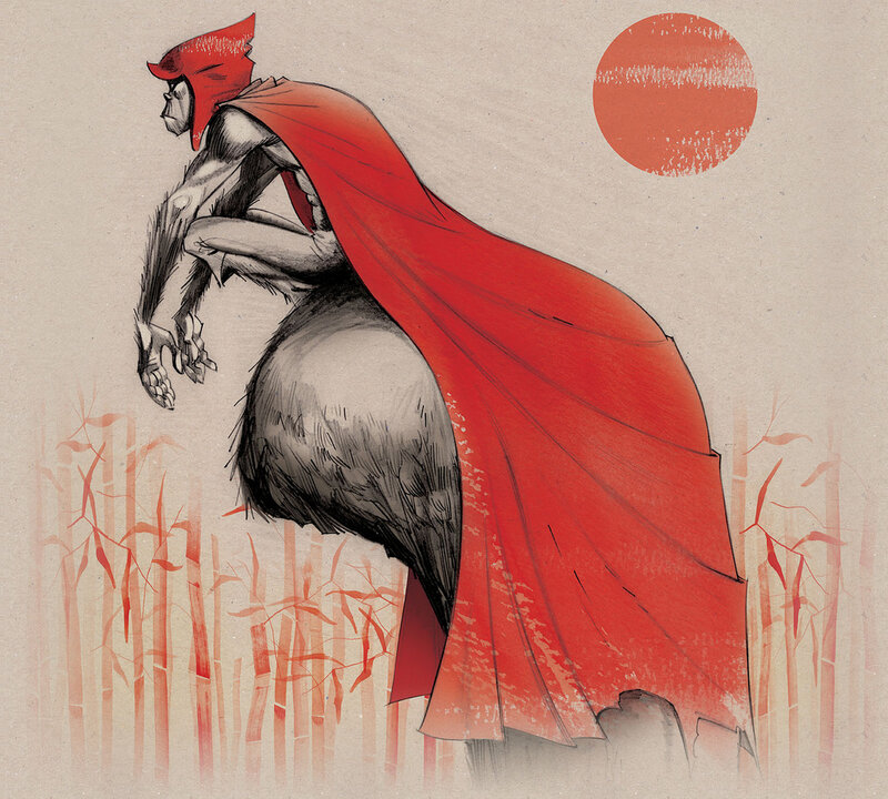 red-cloaked figure in bamboo grove