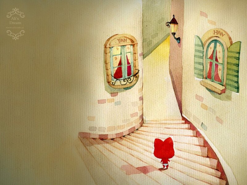 Red-cloaked figure on a winding staircase