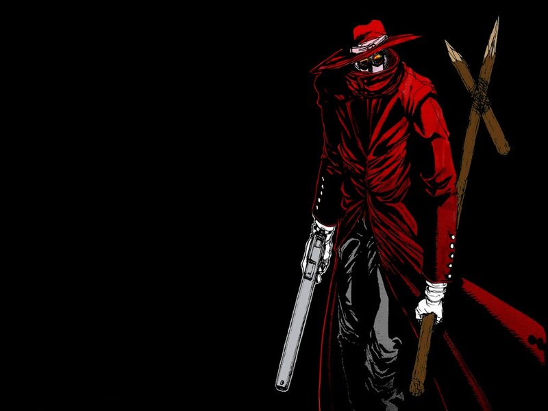 Red-cloaked figure with weapons