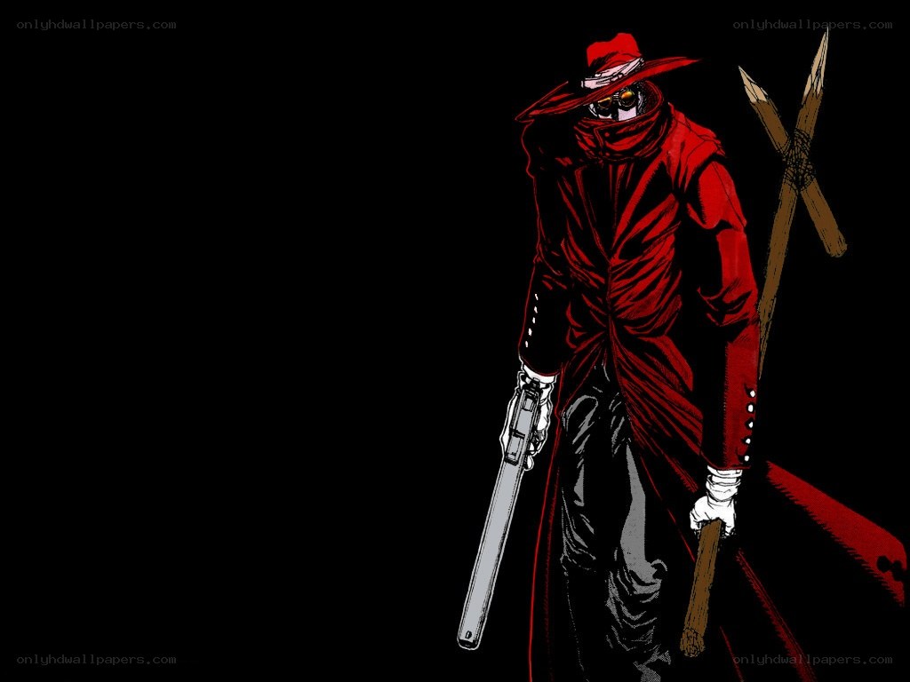 Red-cloaked figure with weapons
