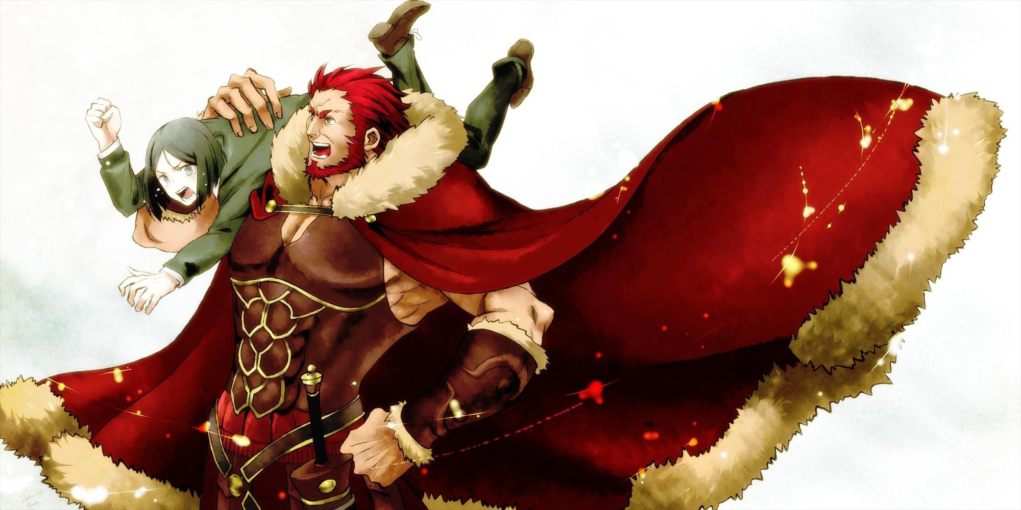 Red-cloaked warrior carrying a child