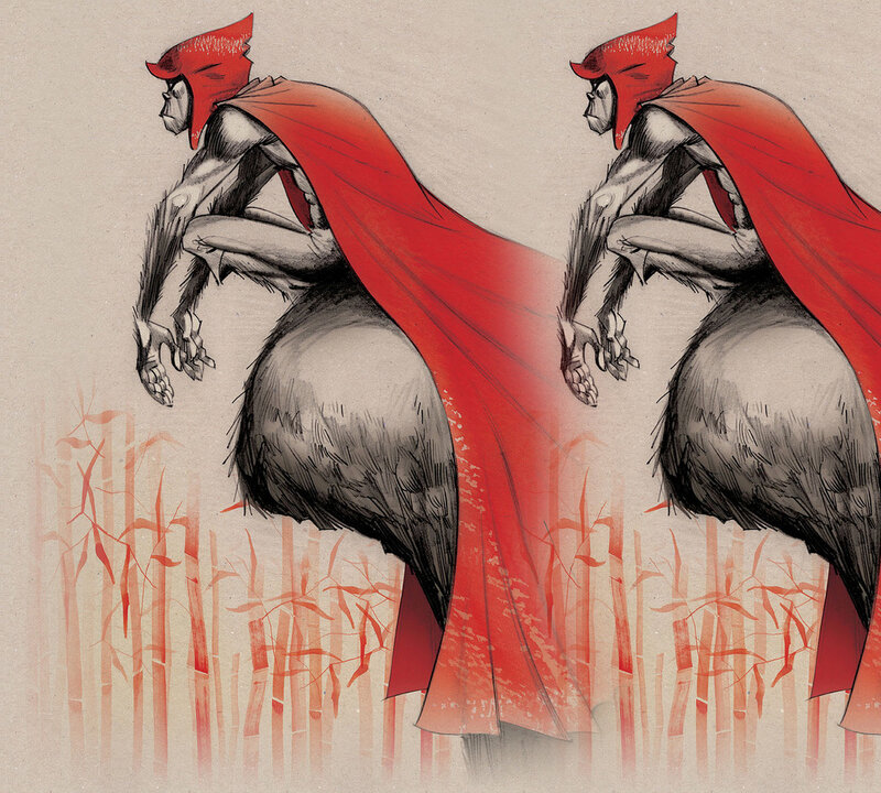 red-cloaked warrior in bamboo forest
