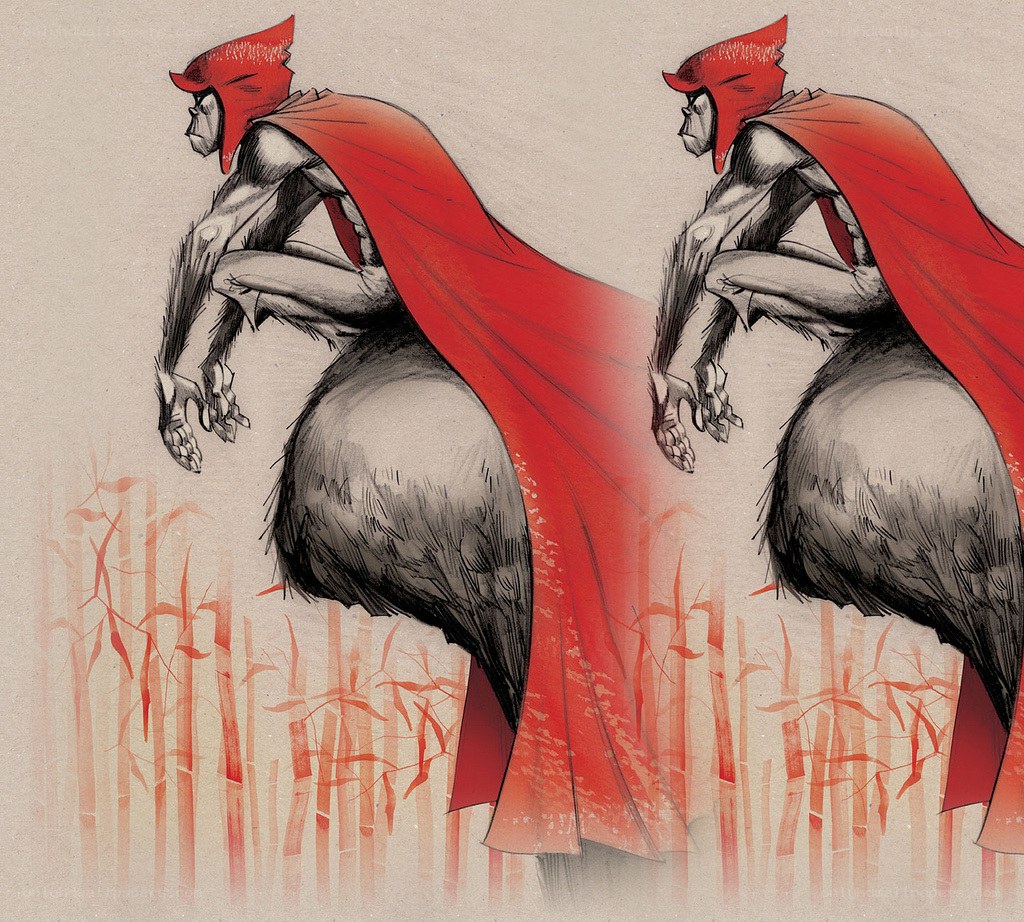 red-cloaked warrior in bamboo forest