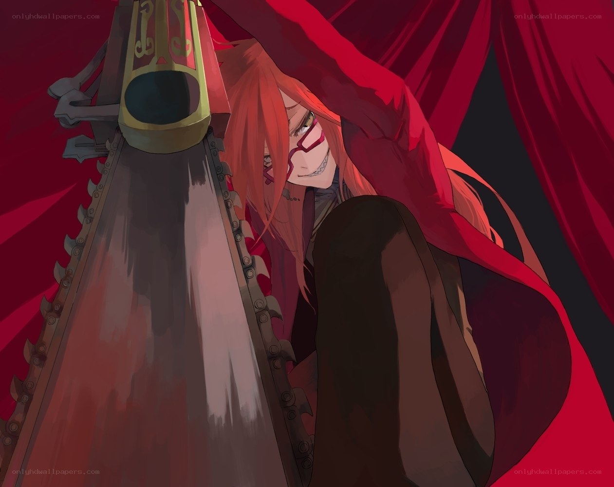 red-cloaked warrior with chainsaw