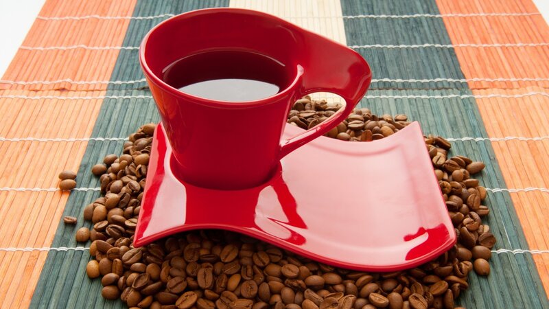 Red Coffee Cup on Beans — Calm, Photograph, Coffee Beans, Mat, Saucer, Brown