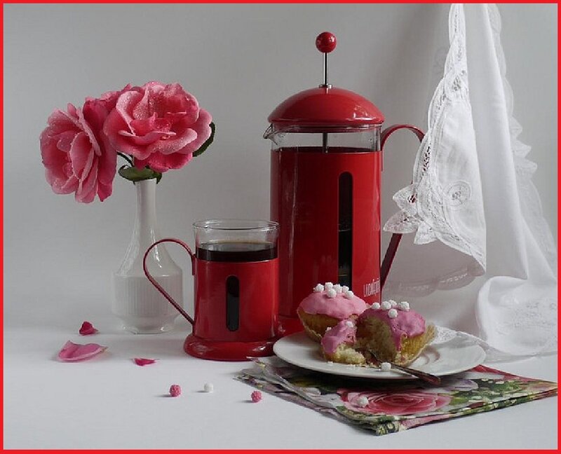 Red Coffee Maker with Cupcakes