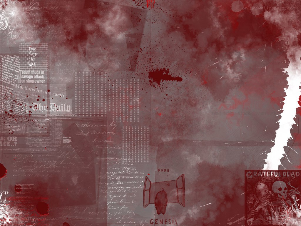 Red collage with splatters and text