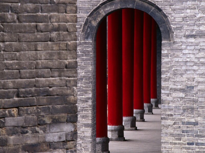 Red Columns in Corridor