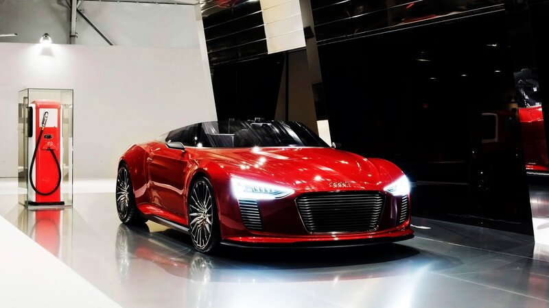 Red Concept Car — Dramatic, Photograph, Charging Station, Showroom