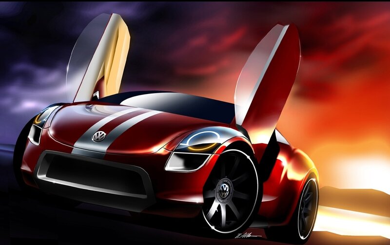 Red Concept Car — Dramatic, Sunset, Digital Art, Doors, Stripes