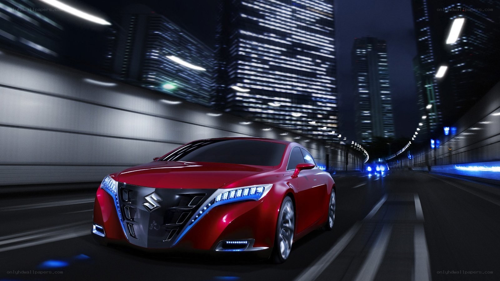 Red concept car in city tunnel