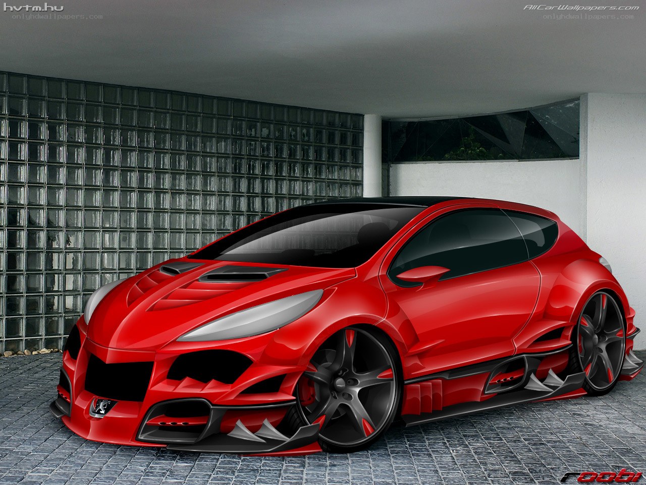Red concept car in garage
