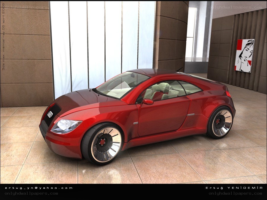 Red concept car in showroom