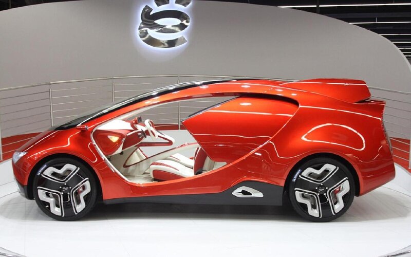 Red Concept Car — Modern, Photograph, Showroom, Wheel
