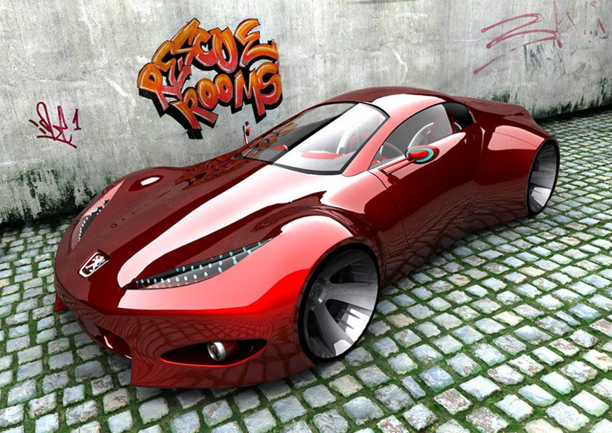Red concept car on cobblestones