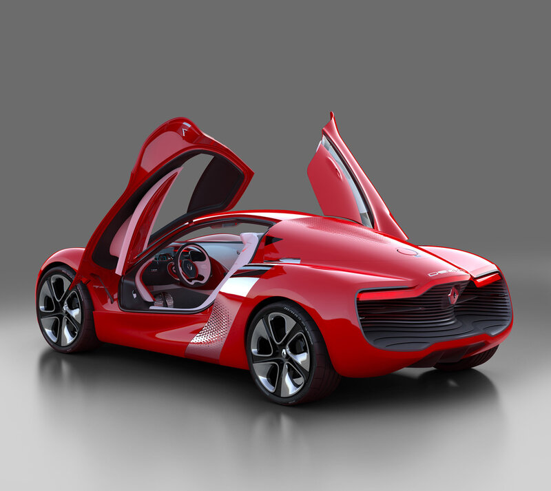 Red concept car with open doors