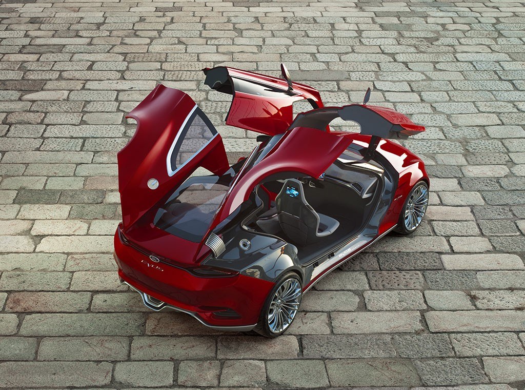 Red concept car with open doors