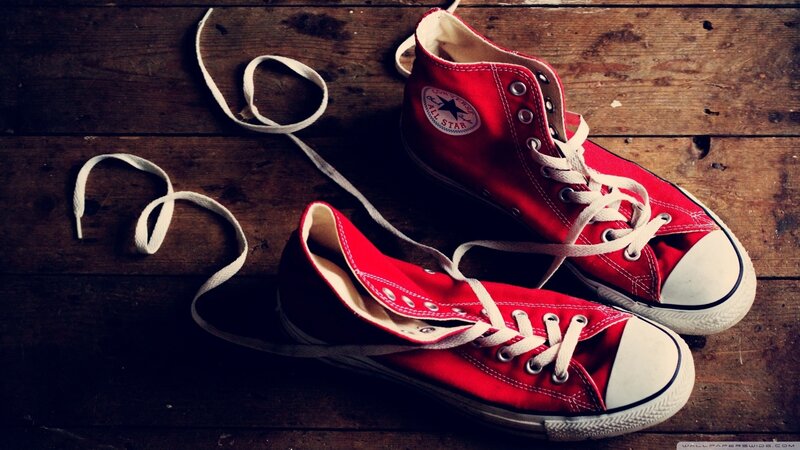 Red Converse Sneakers — Dramatic, Photograph, Wooden Floor, Shoelaces, White, Brown