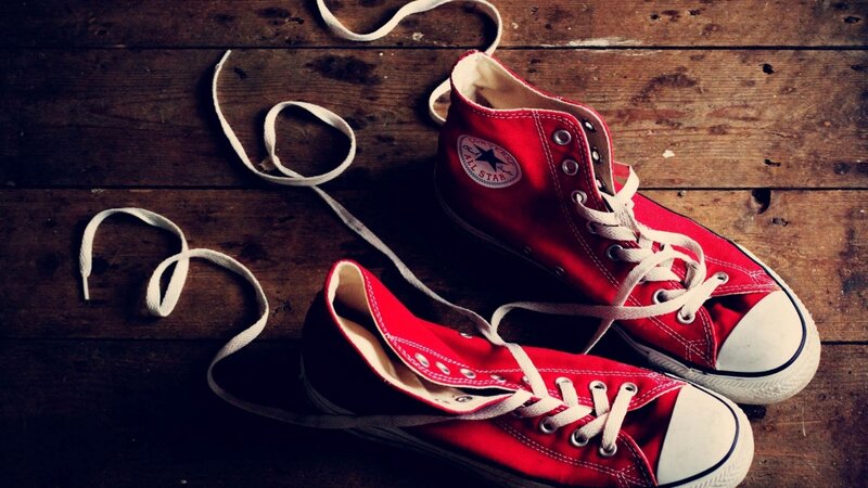Red Converse Sneakers — Dramatic, Photograph, Wooden Floor, Shoelaces, White