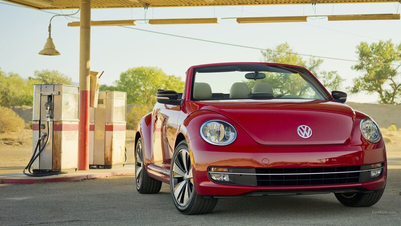 Red Convertible Car — Calm, Afternoon, Photograph, Gas Pump