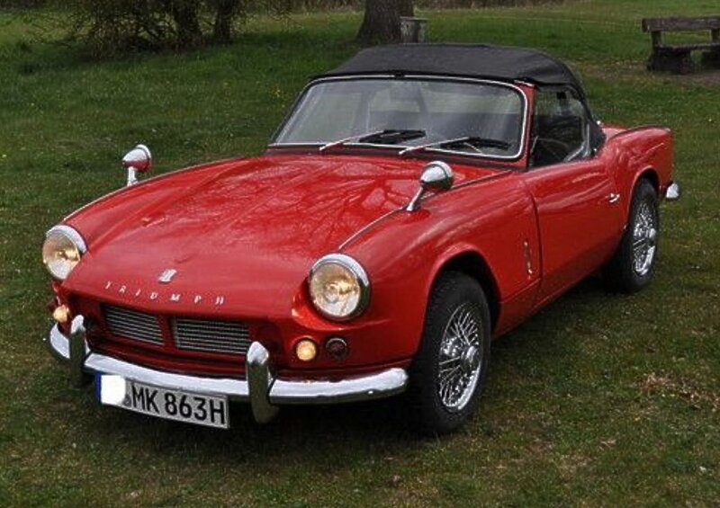 Red Convertible Car — Calm, Afternoon, Photograph, Grass, Bench