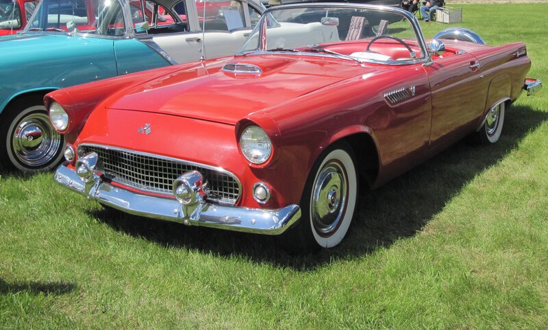 Red Convertible Car — Calm, Afternoon, Photograph, Grass, Other Cars, People