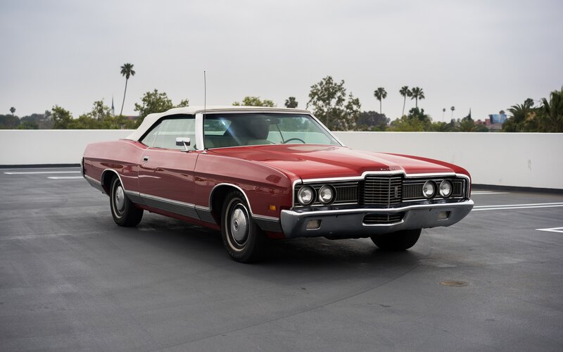 Red Convertible Car — Calm, Afternoon, Photograph, Palm Trees, White Wall