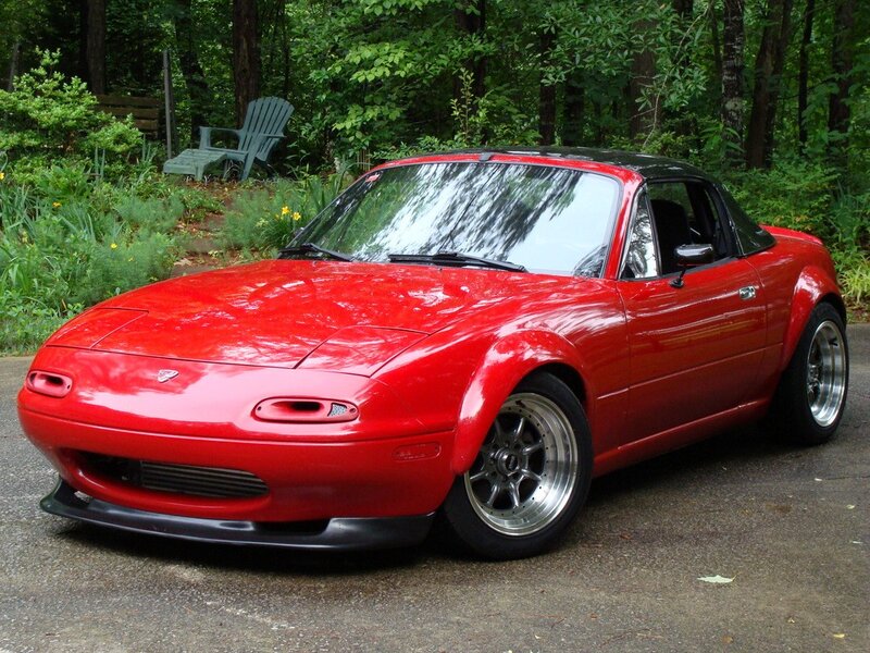 Red Convertible Car — Calm, Afternoon, Photograph, Trees, Garden