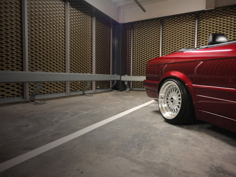 Red Convertible Car — Calm, Photograph, Parking Garage, Wheel