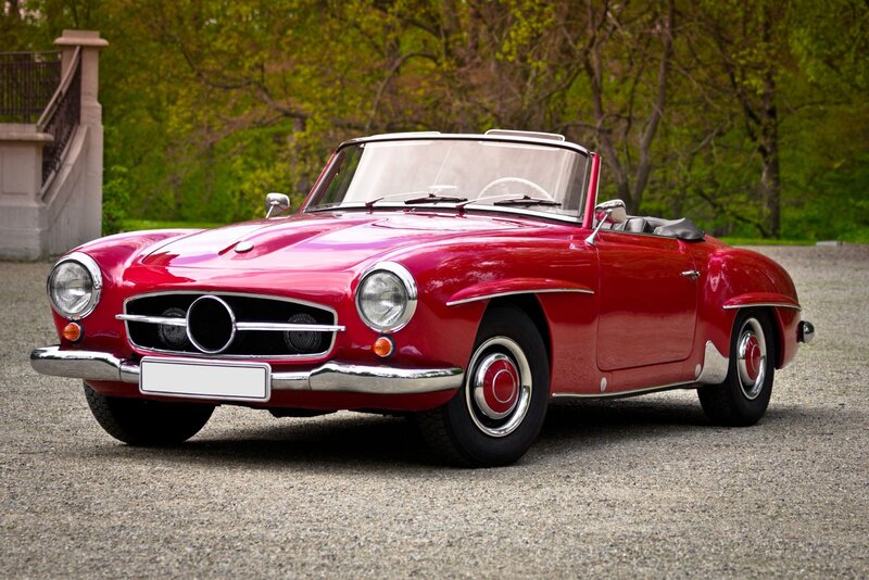 Red Convertible Car — Calm, Spring, Photograph, Trees
