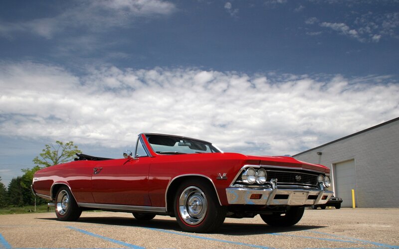 Red Convertible Car — Dramatic, Afternoon, Photograph, Building, Trees