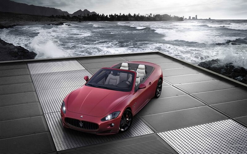 Red Convertible Car — Dramatic, Afternoon, Photograph, Ocean, Mountains, City Skyline