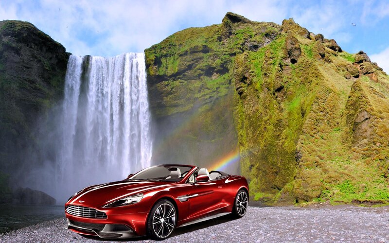Red Convertible Car — Dramatic, Afternoon, Photograph, Waterfall