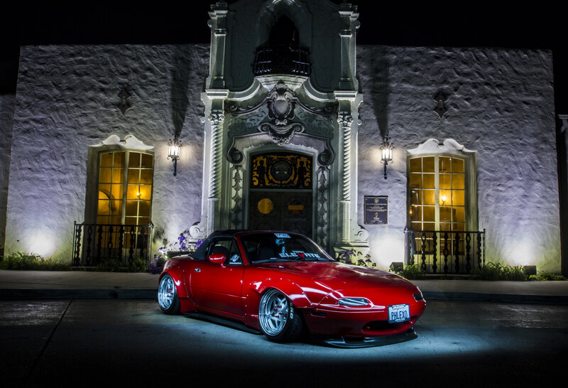 Red Convertible Car — Dramatic, Night, Photograph, Building, Lights