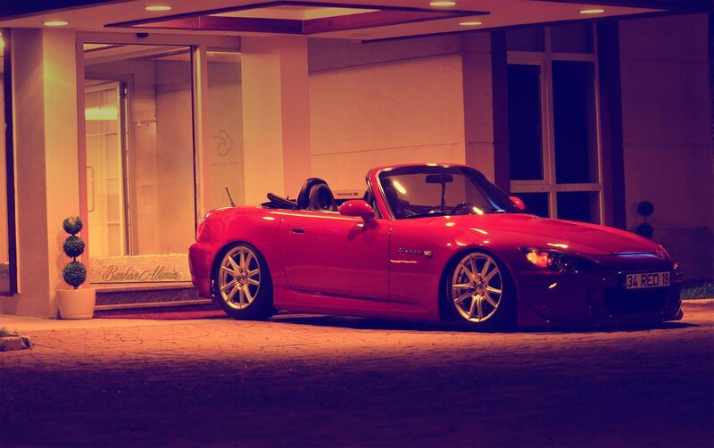 Red Convertible Car — Dramatic, Night, Photograph, Building