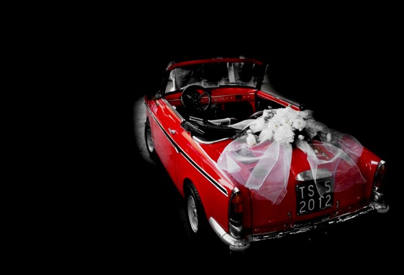 Red Convertible Car — Dramatic, Night, Photograph, Flowers