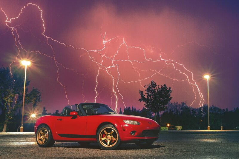 Red Convertible Car — Dramatic, Night, Photograph, Lightning