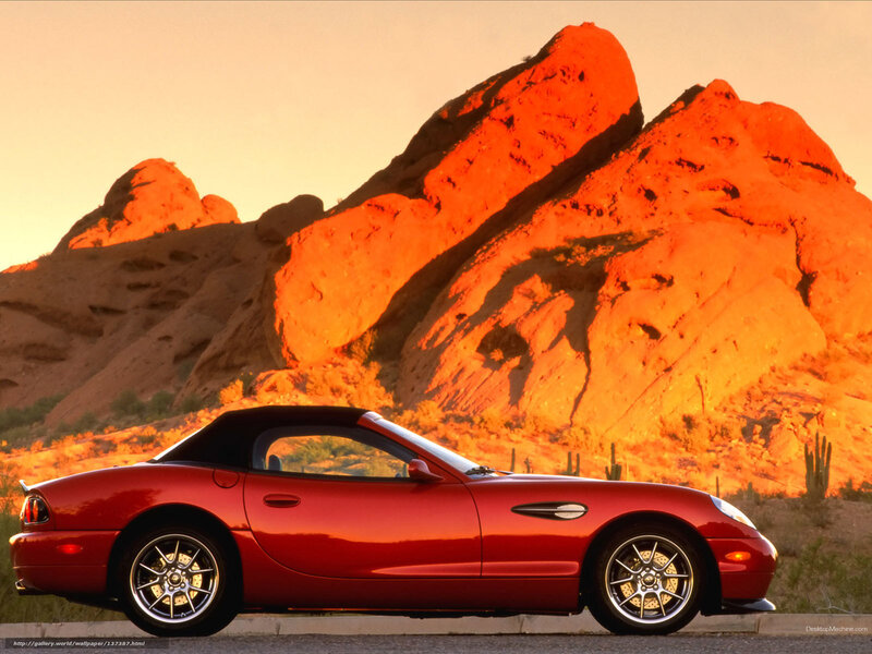 Red Convertible Car — Dramatic, Sunset, Photograph, Rock Formations, Cacti