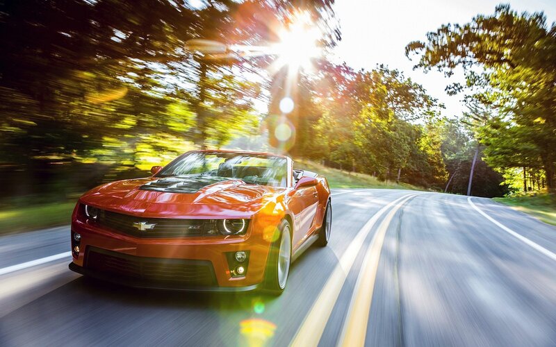 Red Convertible Car — Dynamic, Afternoon, Photograph, Road, Trees, Sun