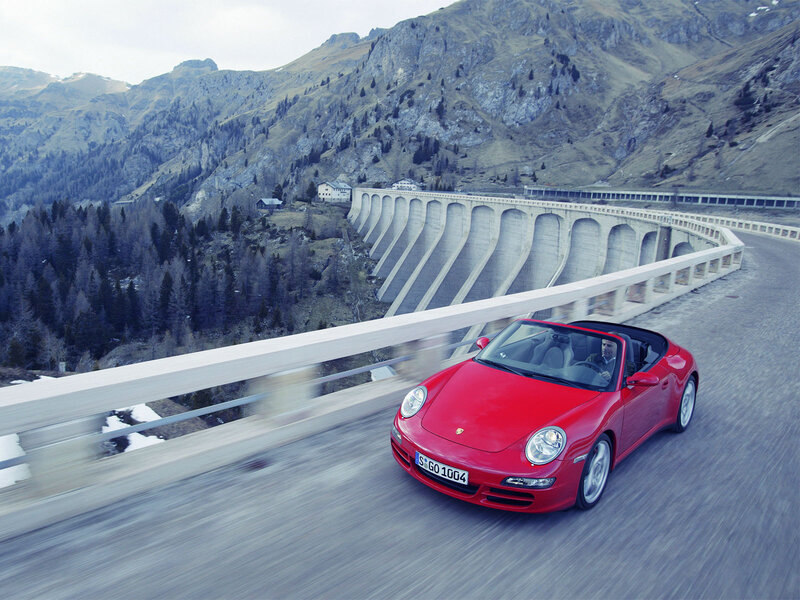 Red Convertible Car — Dynamic, Photograph, Bridge