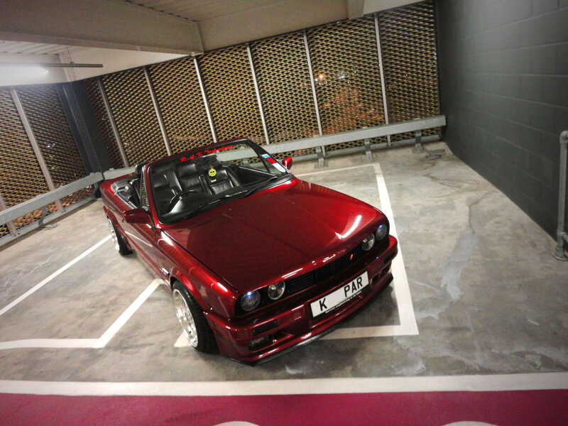 Red Convertible Car — Neutral, Photograph, Parking Garage, Concrete Floor